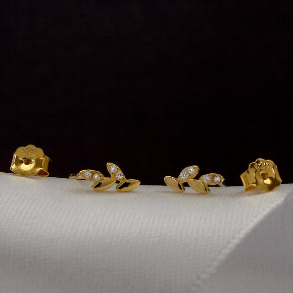 Leaves Design Gold Stud Earrings, Real Gold Plated Over 925 Sterling Silver - Picture 3 of 5